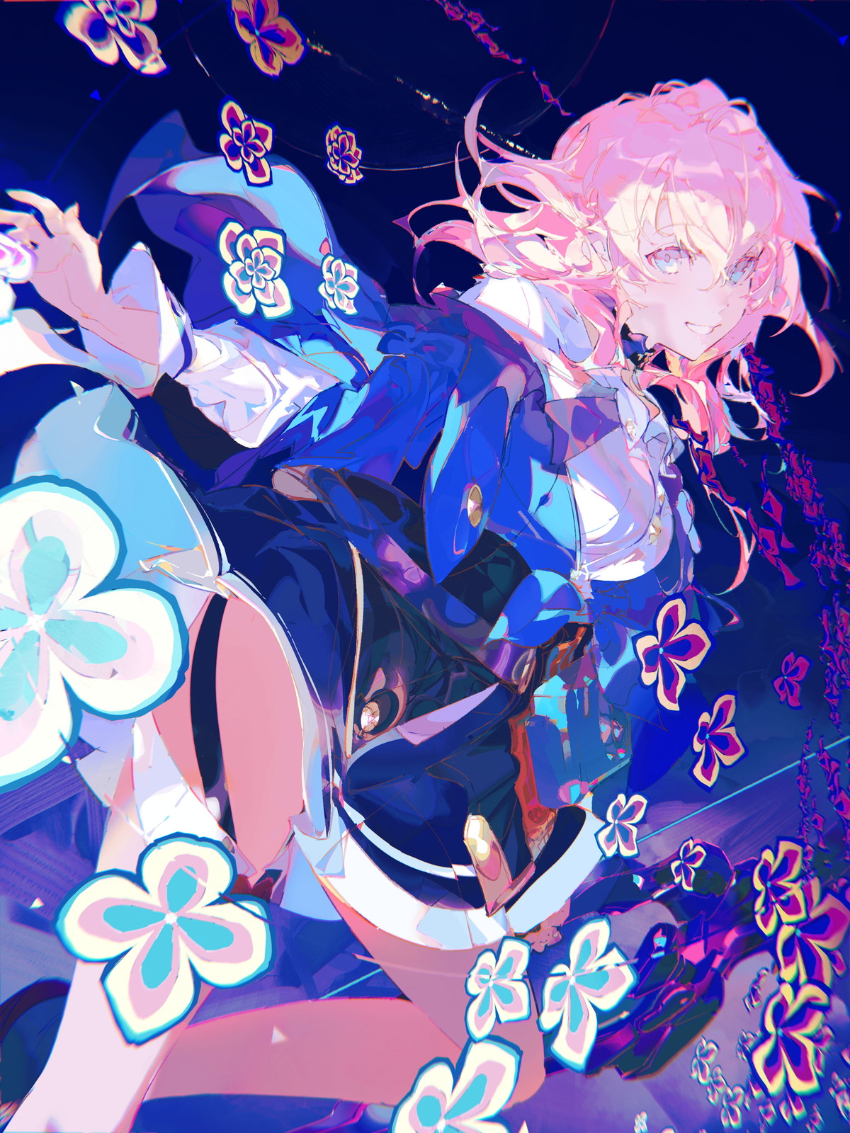 the image is a dynamic digital painting or illustration of an animestyle girl.  she has long, flowing pink hair and is wearing a blue and white outfit adorned with stylized, pastelcolored flowers. the overall style is highly stylized and abstract, with vibrant colors and a sense of motion. the background is dark and features more abstract floral elements, contributing to the surreal and slightly magical feel. the girl's pose is energetic and expressive, suggesting movement and action. the overall aesthetic is a mix of fantasy and anime, emphasizing vibrant colors and stylized forms over realistic detail.