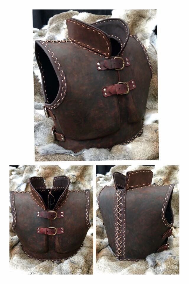 the image showcases a handcrafted leather armor vest from multiple angles.  the vest is dark brown, featuring detailed stitching, buckles, and straps.  it has a high collar and appears to be made from thick, highquality leather.  the background in all three images is a lightbrown, fluffy fur, providing a rustic and historical context. the different views clearly show the construction and detailing of the armor, emphasizing its quality and craftsmanship.