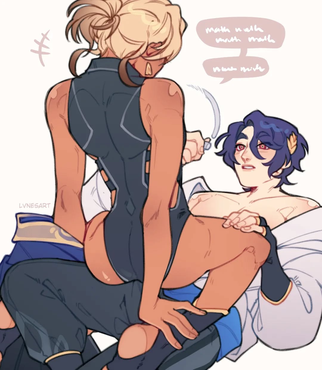 the image is a piece of fanart in a style reminiscent of manga and anime, depicting two male characters in a close and suggestive embrace.  the characters strongly resemble albedo and kaeya from the game genshin impact. albedo, with blonde hair in a ponytail, is straddling kaeya, who has dark blue/purple hair. albedo is wearing a dark, formfitting bodysuit, and kaeya is partially clothed in a white shirt. the characters are positioned intimately, with albedo's hands on kaeya's body. a speech bubble suggests a dialogue between them. the overall mood is romantic and suggestive, hinting at a close relationship between the two characters. the art style is smooth and clean with soft colors and shading.
