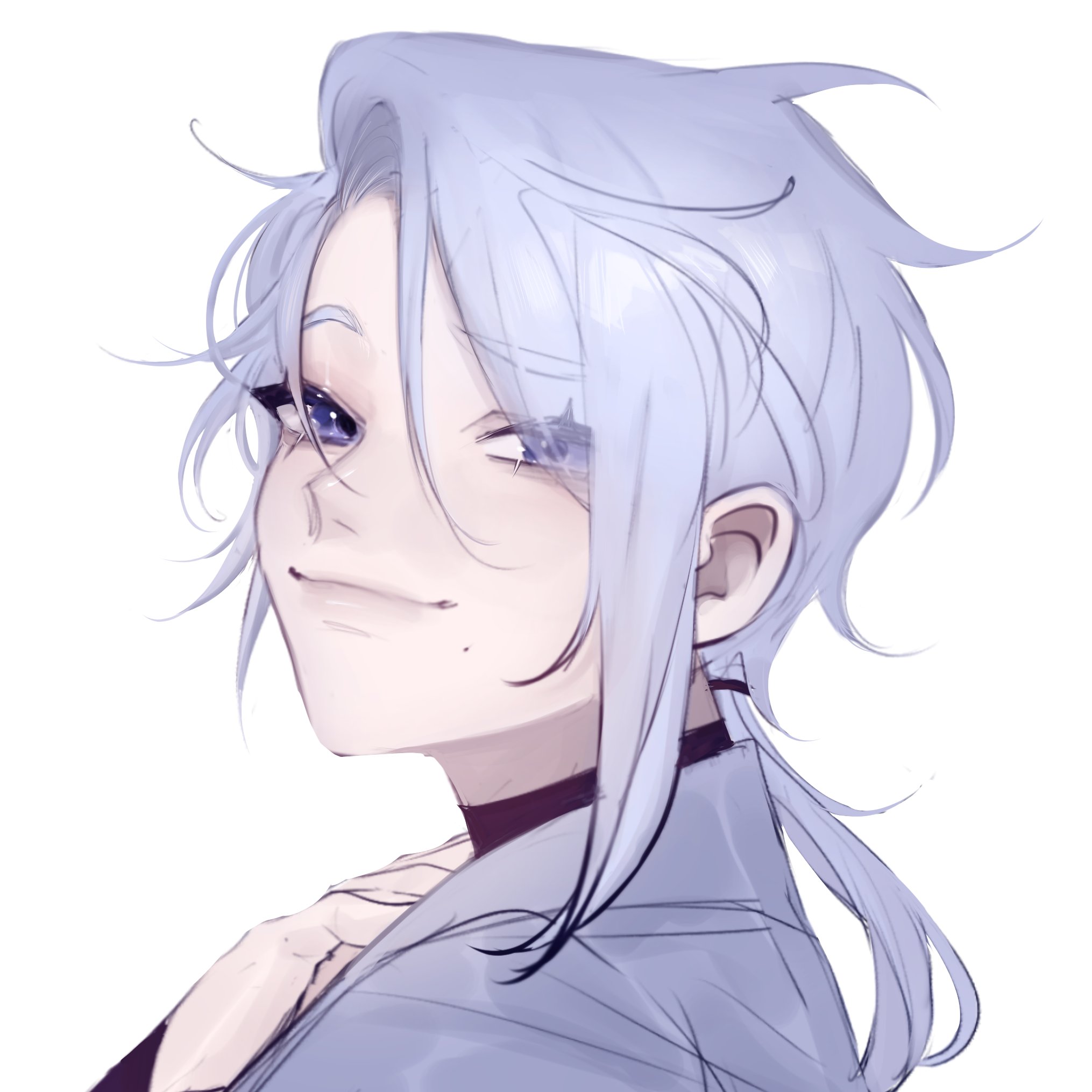 an anime illustration of a girl with white hair and blue eyes smiling. she is looking to the side and is wearing a light blue jacket. the art style is soft and dreamy.