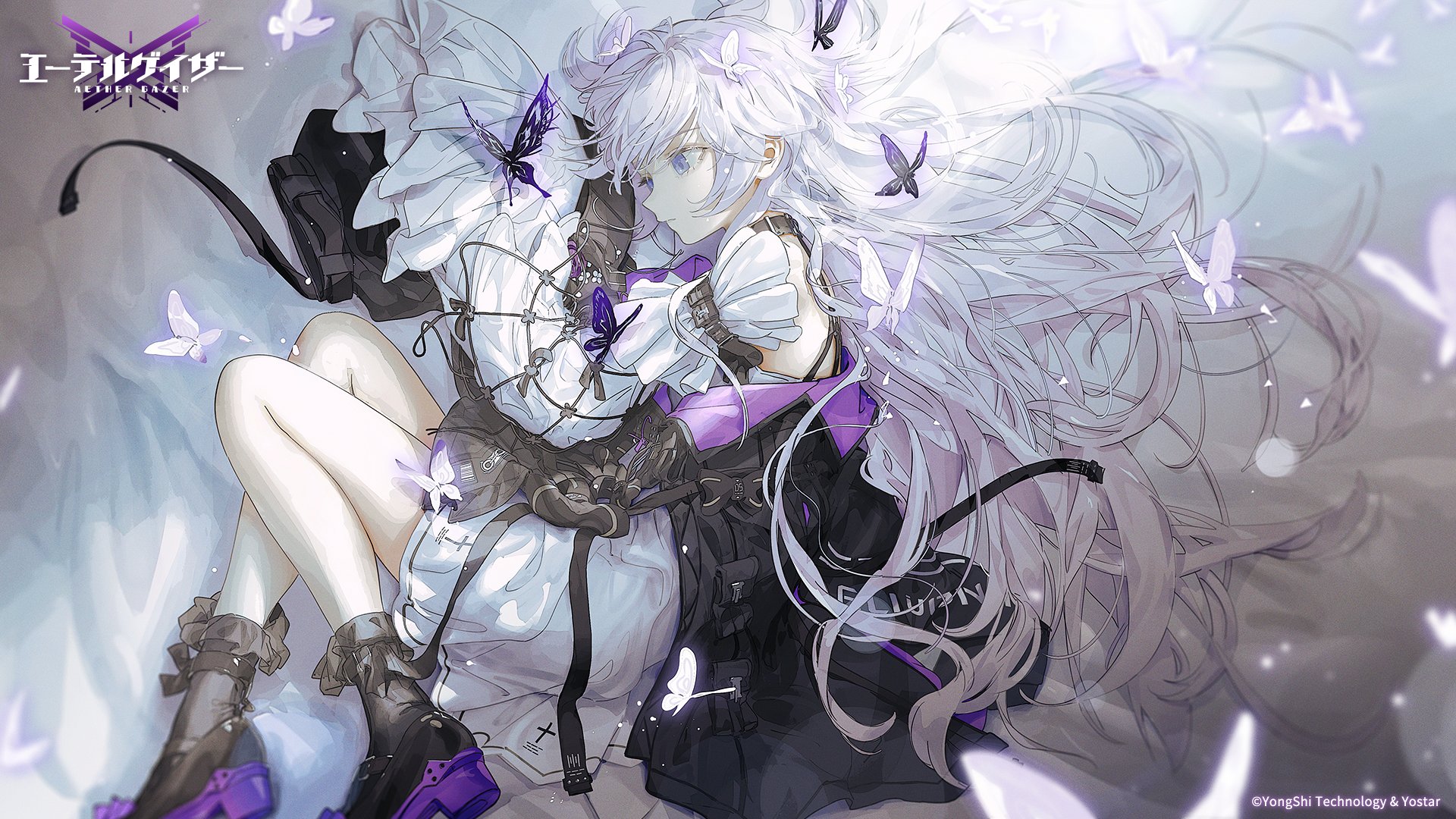 this digital artwork features a beautiful anime girl with long, flowing white hair. she is wearing a white dress with a black jacket, and she has a few butterflies around her. the background is light gray, with a few white butterfly wings. the image is soft and dreamy, creating a sense of wonder and beauty. the overall style is similar to cyberpunk and fantasy, featuring futuristic and magical elements.