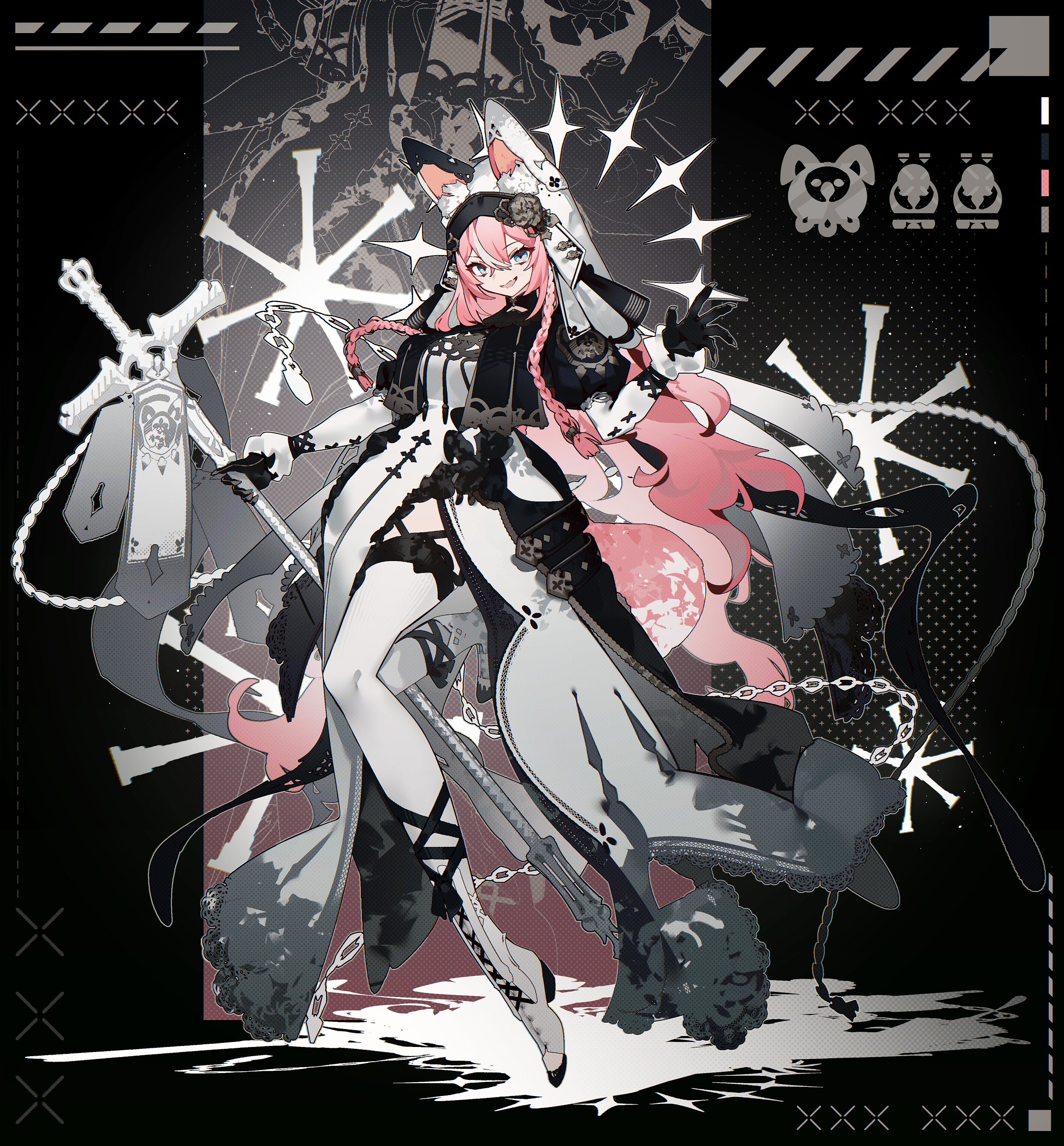 the image showcases a digital illustration of an animestyle female character. she is adorned in a predominantly white and black outfit with gothic influences, accented with hints of pink. her attire includes a flowing white dress paired with a black bodice, arm guards, and thighhighs. she sports a distinctive bunnyeared hat and her long pink hair cascades down her back. in one hand, she wields a large, ornate sword, while the other hand displays long, sharp claws. the background is dark, featuring abstract patterns and design elements that contribute to the overall edgy and visually engaging composition.