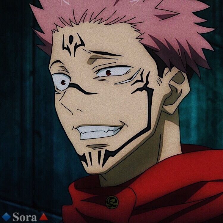 the image shows a closeup portrait of a male anime character with short pink hair and prominent black tribal tattoos on his face. he is wearing a red hooded shirt. the background is a dark teal color. the lighting is artificial and casts shadows on his face, highlighting his sharp features and mischievous smile. his expression is both playful and slightly menacing, creating an air of mystery. the overall style of the image is edgy and dramatic, capturing the character's unique personality.