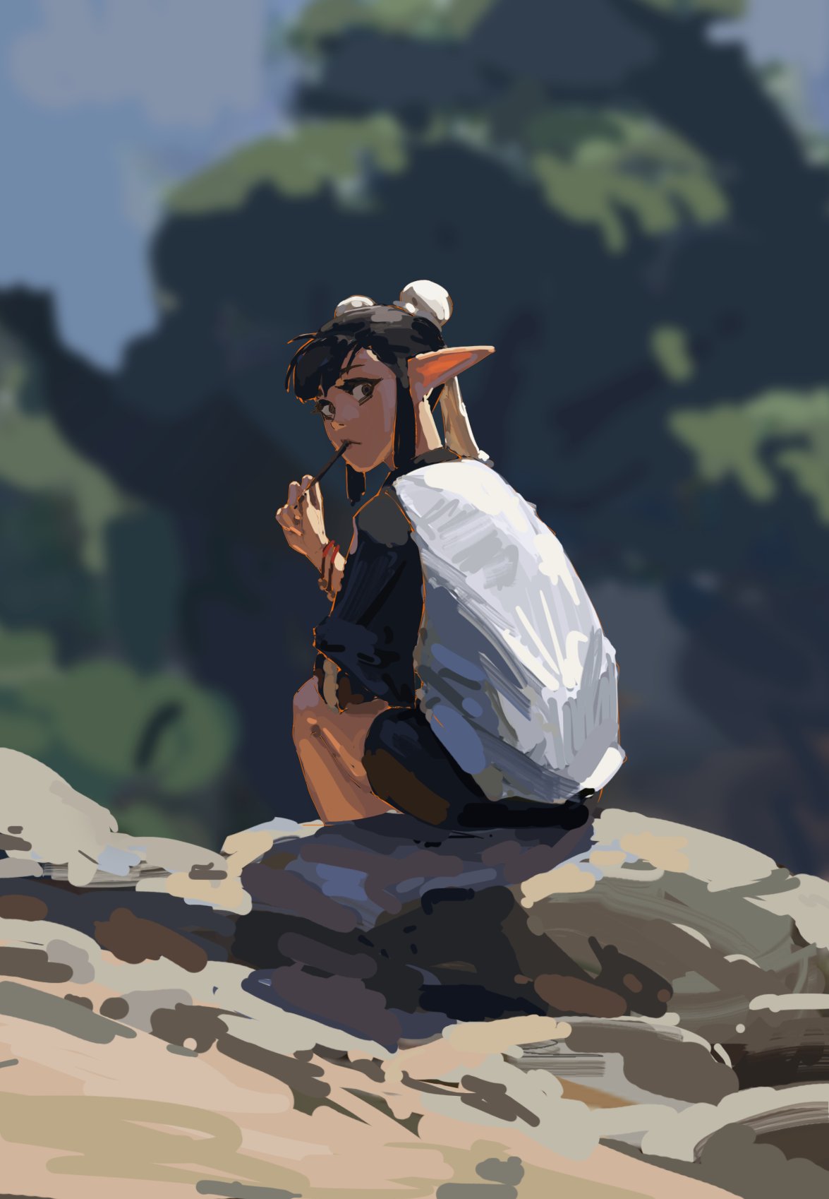 the image is a digital painting depicting a female elf character sitting on rocks outdoors. she has dark hair, pointed ears, and is wearing a loose, oversized lightgrey shirt over a dark top. she appears to be holding something small in her hand near her mouth, perhaps a twig or piece of food.  the background is blurred but suggests a lush forest setting, bathed in soft sunlight. the painting style is painterly and loose, with visible brushstrokes contributing to the image's soft, dreamlike atmosphere. the elf has a peaceful and slightly pensive expression. the overall mood is calm and whimsical.