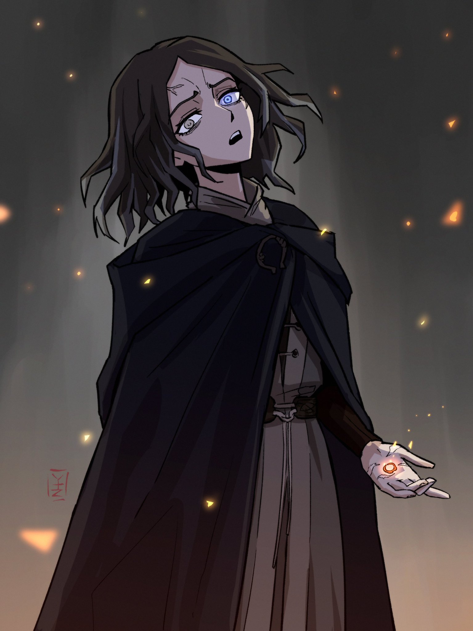this is a digital art illustration of an anime girl with long black hair wearing a black cloak, holding out her hand and glowing red magic. she looks sad and confused as if she is in a difficult situation. there are a few specks of glowing light in the background as well.