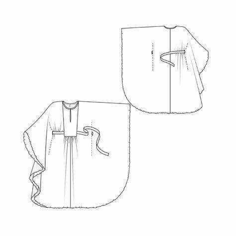the image shows a fashion illustration consisting of two separate views of a garment, likely a dress or caftan. both views are presented in a black and white outline style, suggesting a pattern or design drawing. the main feature of the garment appears to be a caftan or robelike shape with wide sleeves and a loose fit. a belt or sash cinches the waist, creating a defined silhouette. the garment appears to be made of a lightweight fabric with soft, flowing lines. the design also includes details like a front slit and a rounded hemline.