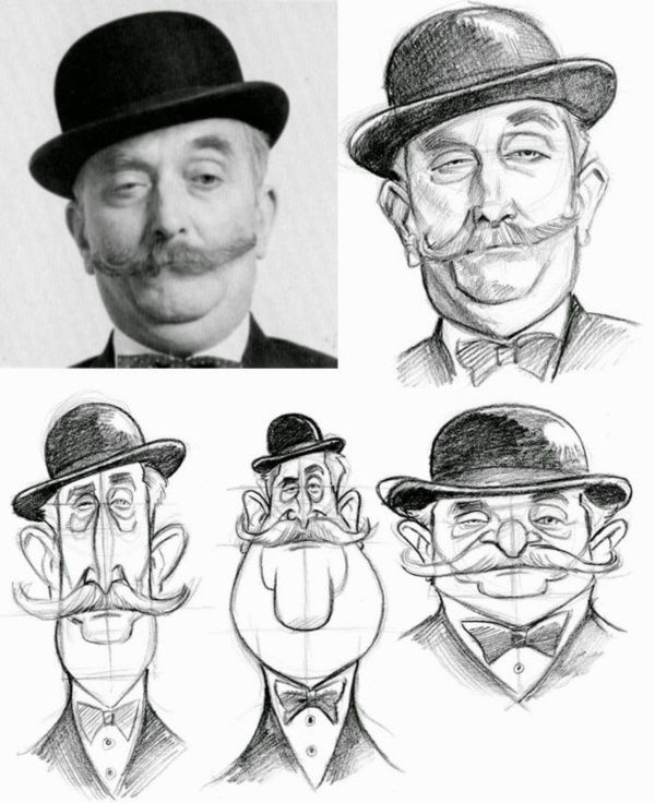 the image shows a black and white photograph of a man in a bowler hat with a large mustache, alongside four cartoon caricatures of the same man. the caricatures exaggerate his features, particularly the mustache, ears, and facial expressions. all the caricatures are wearing a bowler hat, a suit, and a bow tie, similar to the man in the photograph. the style of the drawings is sketchy and detailed.