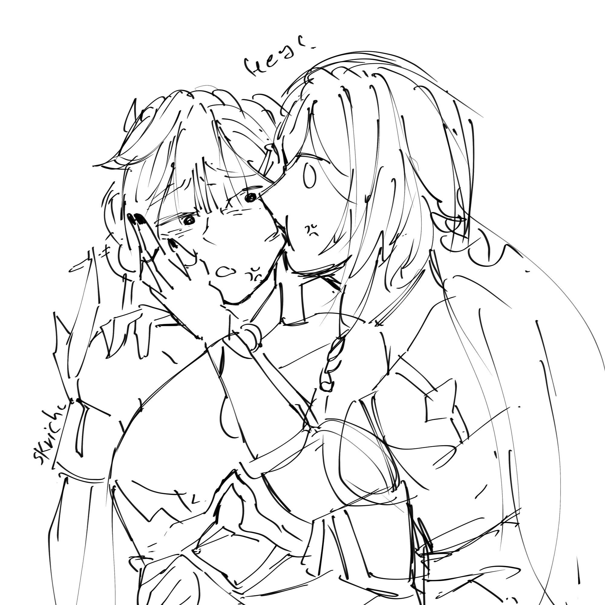 a black and white sketch of two anime characters. the female character is holding the male character, and they are both blushing as they are about to kiss. the female character has her hand on the male character's cheek. the sketch is in a simple style and it conveys a feeling of tenderness and love.