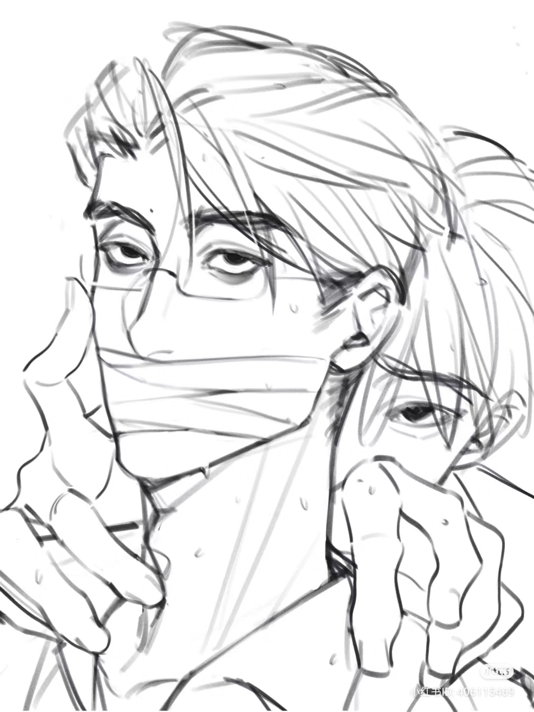a black and white sketch showcasing two men in a tense situation. one man, with his mouth covered, appears to be held captive. he is sweating and seems afraid. the other man, partially obscured, has an intense gaze, hinting at a complex and possibly aggressive dynamic between them.