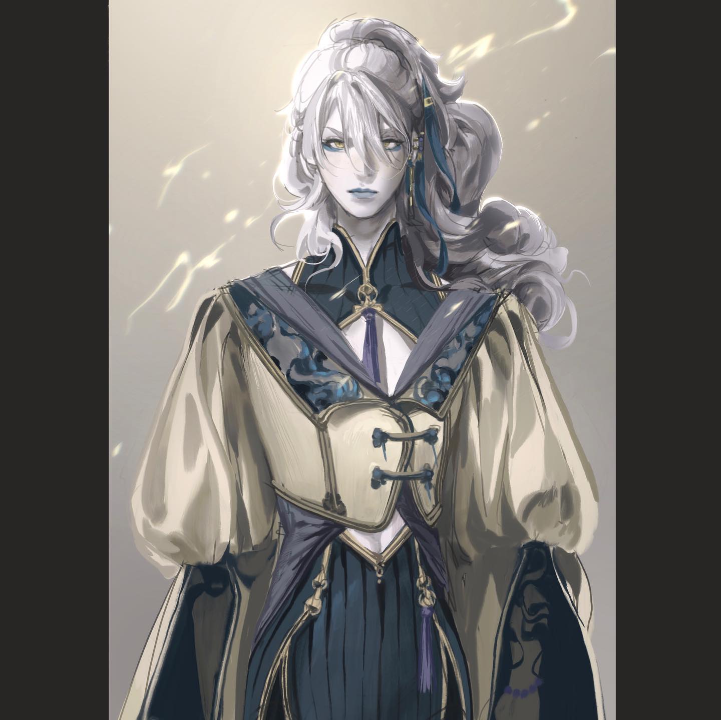 a digital artwork depicts a male character with long, flowing white hair and striking blue eyes. he wears an elaborate, ornate outfit in shades of cream, gold, and blue, featuring intricate embroidery and detailing. the style is reminiscent of anime or manga, with a focus on dramatic fashion and ethereal beauty.  he stands against a neutral background, bathed in soft lighting from the upper left, which emphasizes the delicate details of his attire and the subtle emotions on his face.
