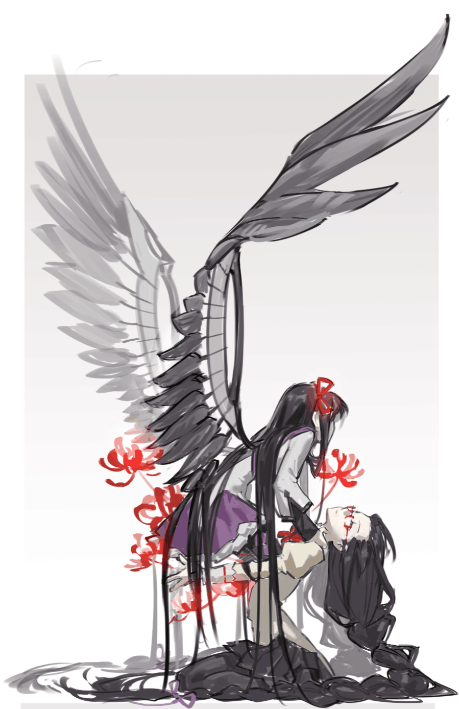 this is an animestyle drawing of two females with long black hair. the girl on top has large black and white angel wings and is holding the other in her arms. the second girl appears to be injured or dead. both are surrounded by red spider lilies. the background is plain white and the overall lighting is soft.
