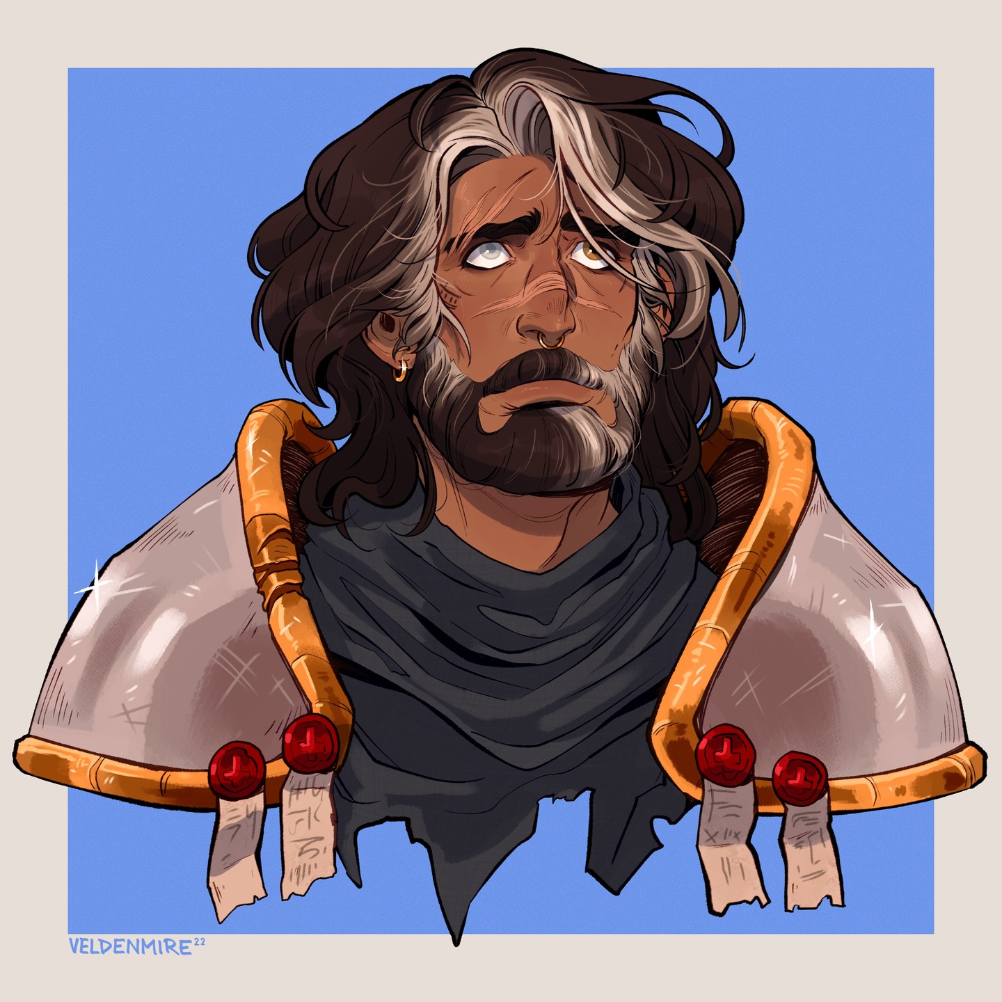 the image is a digital painting of a fantasy warrior's portrait. the subject is a man with long, dark brown and grey hair and a full beard. he has a serious, almost melancholic expression on his face. he appears to be of middle eastern or north african descent,  with dark eyes and tanned skin. he wears tattered clothing with partially visible, ornate goldtrimmed shoulder armor.  the style is stylized and painterly, with a focus on light and shadow to create depth and texture.  the background is a simple, solid blue. the artist's signature, "veldenmire," is subtly placed in the bottom left corner.