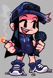 a cartoon image of a female character from friday night funkin holding a cigar and a microphone. she is wearing a blue hoodie, a cap, and sneakers. smoke is coming from the cigar.