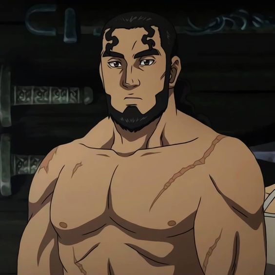 a shirtless, muscular man with scars and tattoos on his body is the subject of the image. the setting appears to be indoors, with a dimly lit and somewhat mysterious ambiance.