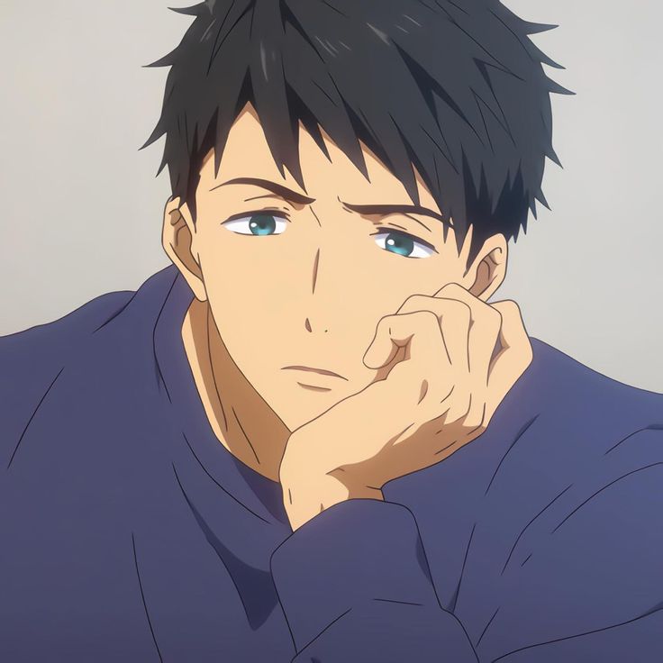 a closeup of an anime character with blue hair and eyes, with a worried expression on his face. his hand is resting on his chin, and he looks like he's deep in thought. he's wearing a blue shirt.