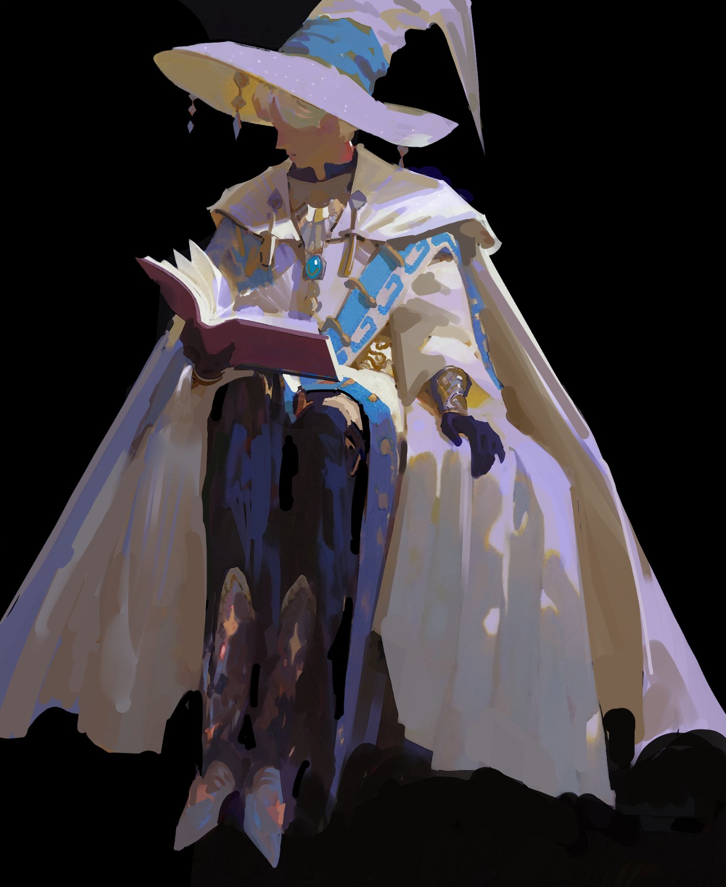 a digital painting of a fantasy wizard wearing a white robe and a blue and white hat. the wizard is holding a book and is sitting in a chair, with a flowing cloak behind them.  the painting is done in a bright and vibrant style. the background is black, which highlights the wizard's bright outfit.