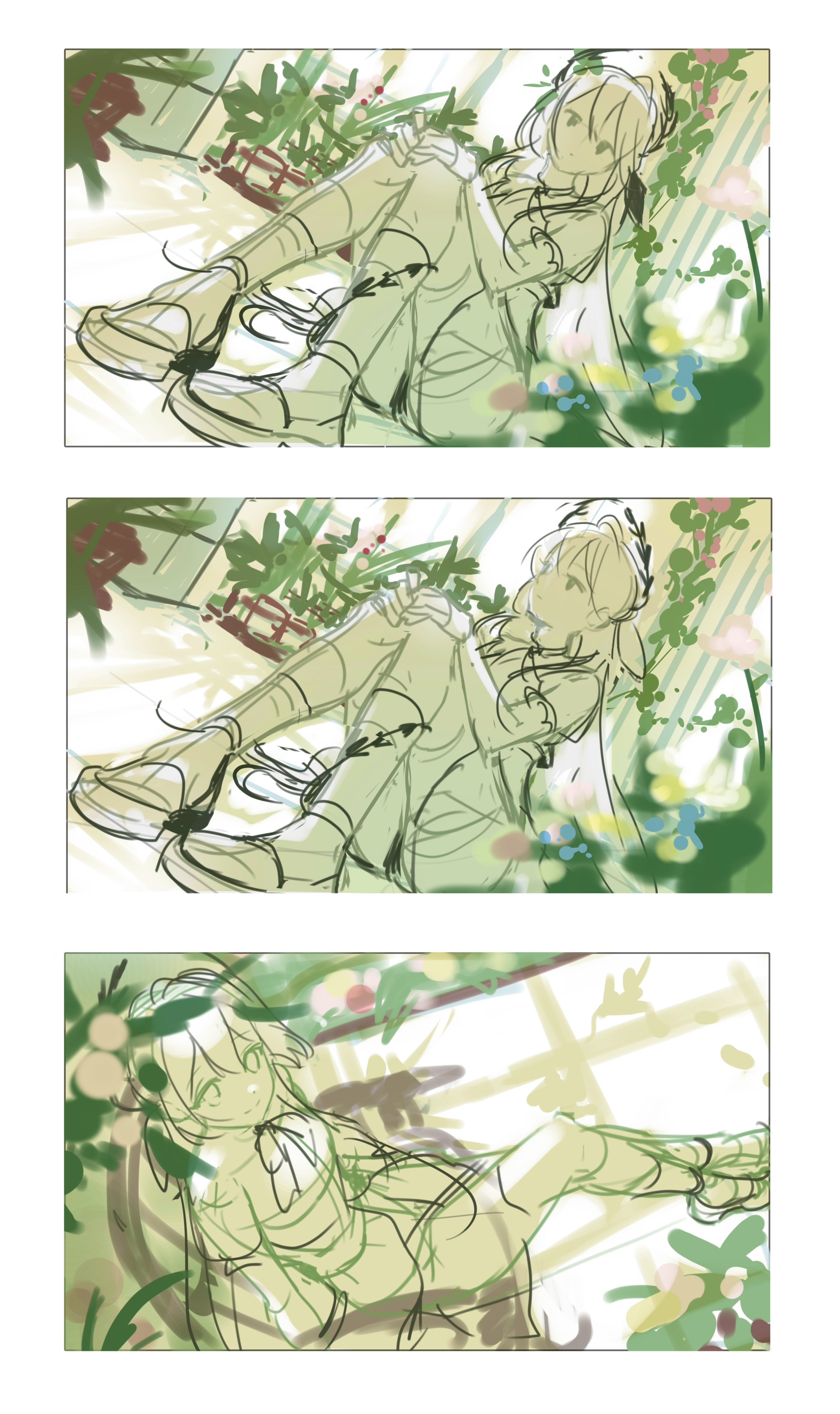 the image shows three stages of a digital painting process.  each panel depicts a young woman, possibly an anime or mangastyle character, sitting amidst lush greenery, flowers, and plants in what seems to be a garden or greenhouse setting. the first panel shows a more complete, colored illustration. the second panel displays a more sketchy, less defined version of the same scene, with lighter color values and less detail. the third panel is the roughest sketch, using primarily lines with minimal color, focusing on posing and composition. the panels illustrate the progression from initial sketch to final artwork.