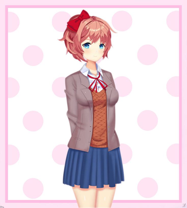 this is a digital illustration of an anime girl wearing a school uniform. she is standing in front of a pink polka dot background.  she is wearing a brown blazer, a brown and orange sweater, and a blue skirt.  she has red hair with a red bow and blue eyes. the image has a bright and cheerful aesthetic.