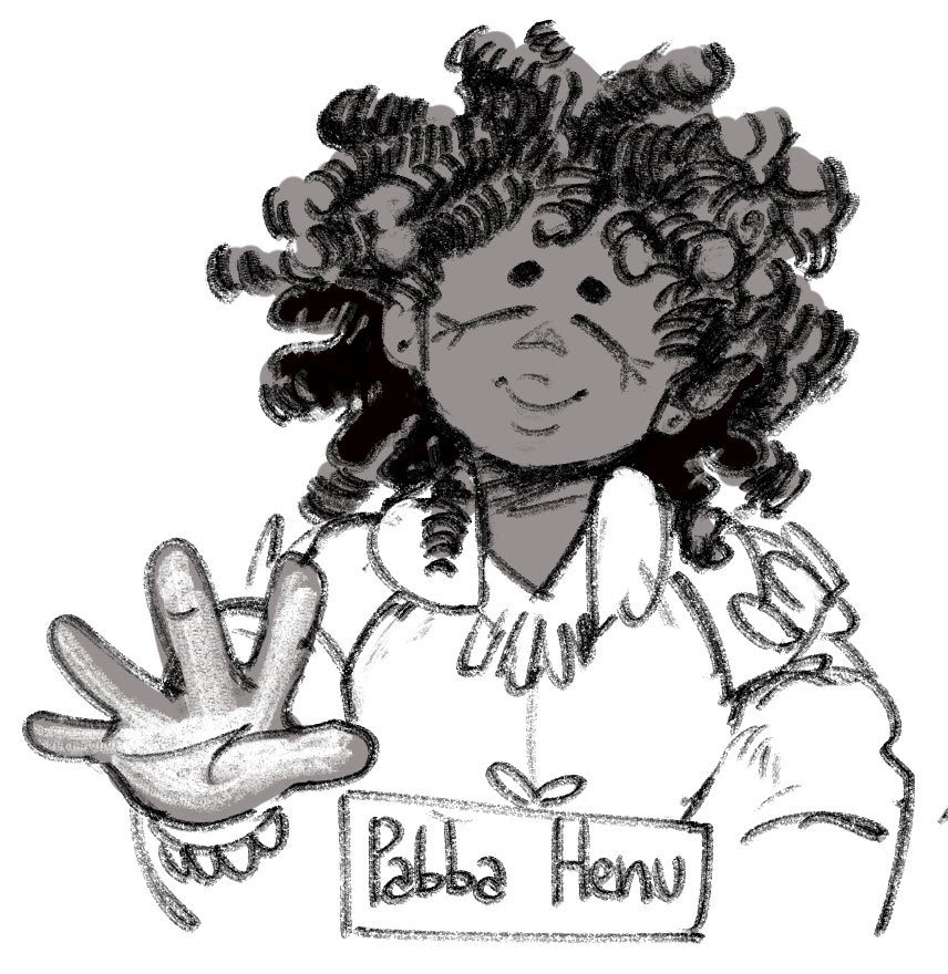 this is a black and white sketch of a girl with curly hair waving and smiling. she is drawn in a cartoon style and appears to be happy and friendly. the image is handdrawn and has a whimsical and energetic feel.