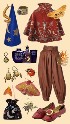 a flat lay image of a witchy fashion aesthetic outfit, featuring brown pants, red embroidered cape, blue wizard hat,  and various accessories with celestial and insect motifs.  accessories include a moon and stars bag, moth earrings and rings, a ladybug brooch, and potion bottles.