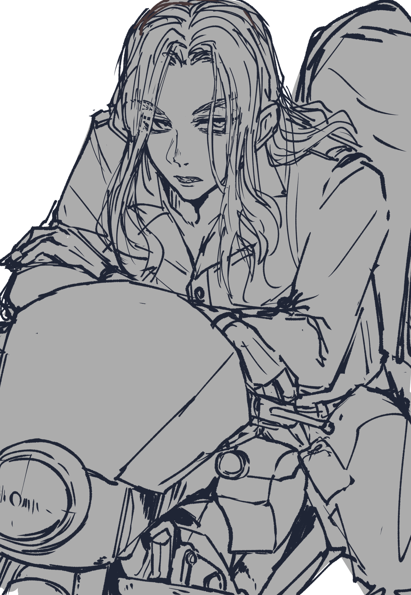 a sketch of an anime girl with long hair sitting on a motorcycle. she is looking at something off to the side. she is wearing a jacket and jeans. the drawing is in black and white and has a cool, edgy style.