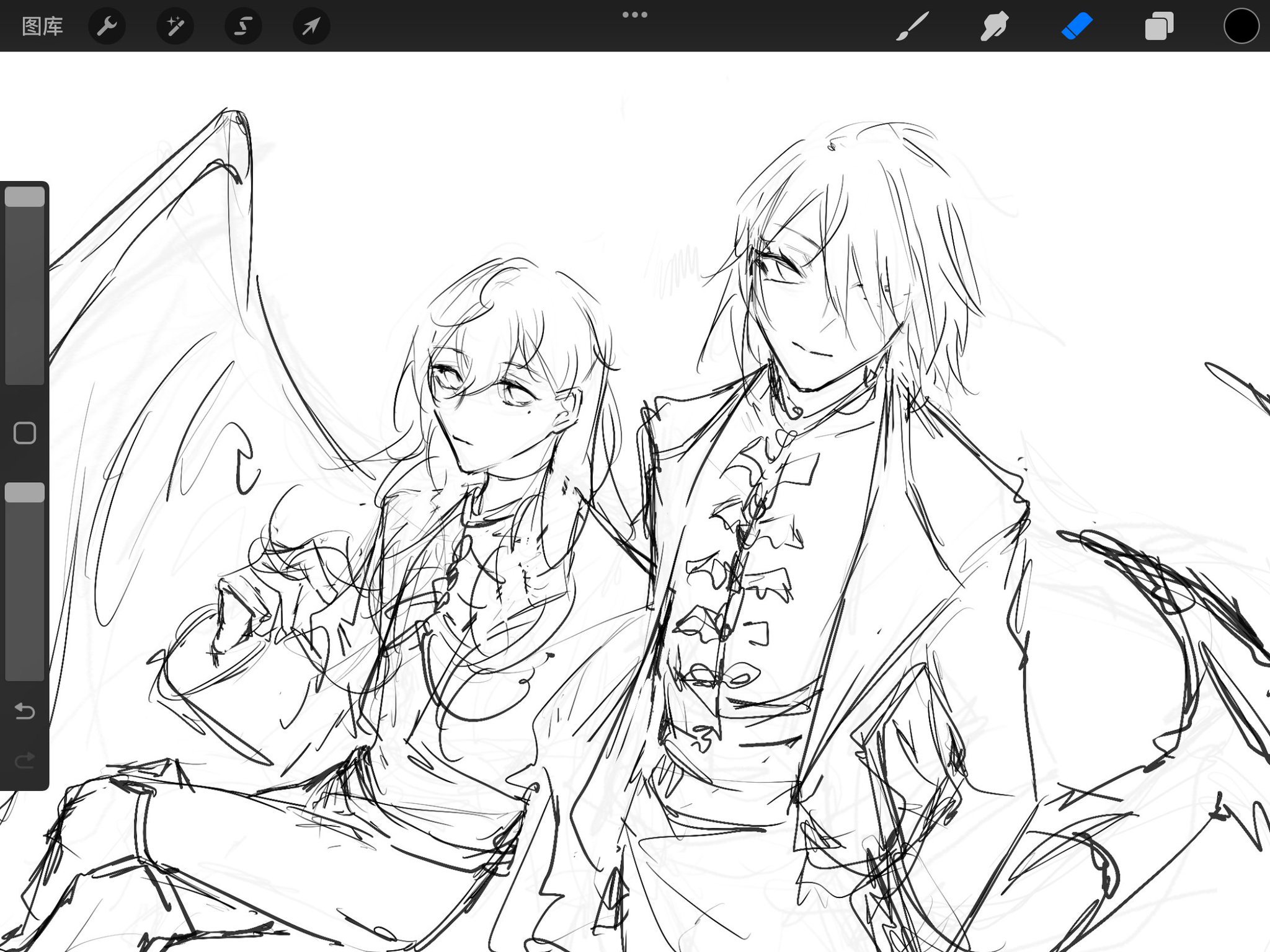 this is a digital sketch of an animestyle couple, the male character with black hair and the female character with blonde hair. the male character seems to have a pair of angel wings behind him, and the female character seems to have a demonic aura around her. the male is dressed in a suit and is staring into the distance with a slight smile, while the female character has a more serious expression with her eyes closed, possibly in thought. the couple is drawn in an artistic and expressive manner, with a few lines and shading, and the background is a blank canvas. the image is quite abstract, but it still manages to convey a sense of romance, love, and mystery. the image is an artwork with a creative design, expressing the artist's artistic talent and style.