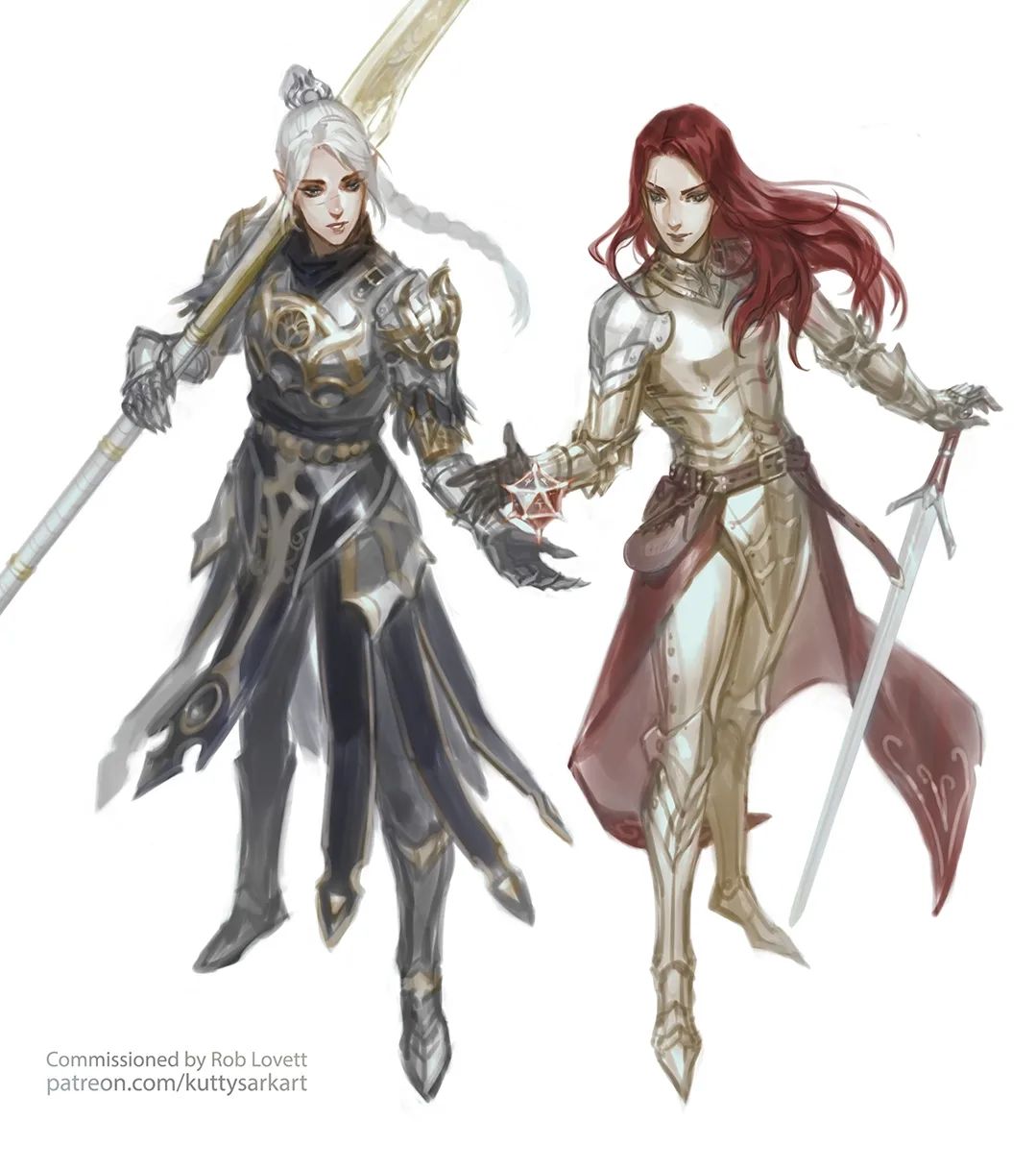 he image showcases two female warriors clad in ornate armor, positioned against a white background. the warrior on the left, with flowing white hair, stands tall in dark, intricately designed armor, gripping a halberd. her counterpart, adorned with fiery red hair, is outfitted in gleaming, goldaccented armor and wields a sword. the soft lighting emphasizes the details of their armor and weaponry. the slight low angle adds a sense of power to their stances.