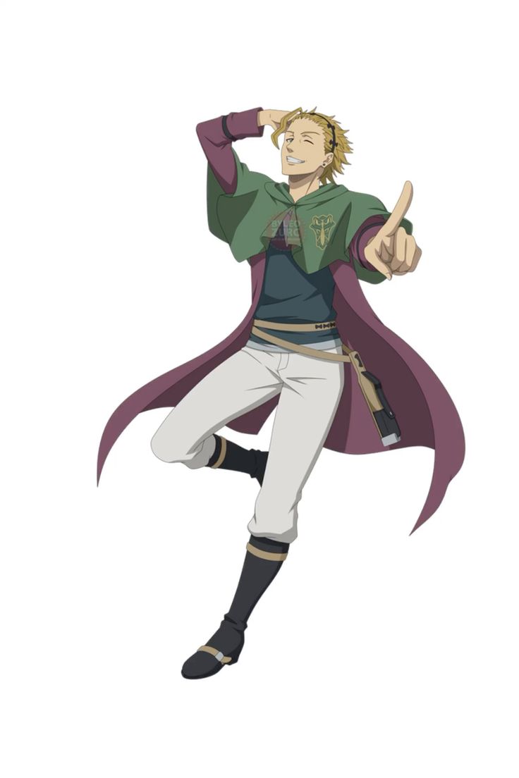 the image features an anime character in a green, purple, and white outfit standing with a confident stance, with his right hand raised, pointing forward, and his left hand behind his head.  he is wearing a green hooded cloak over a white shirt, dark green pants, and black boots, and has a sword strapped to his waist.  he appears to be smiling.