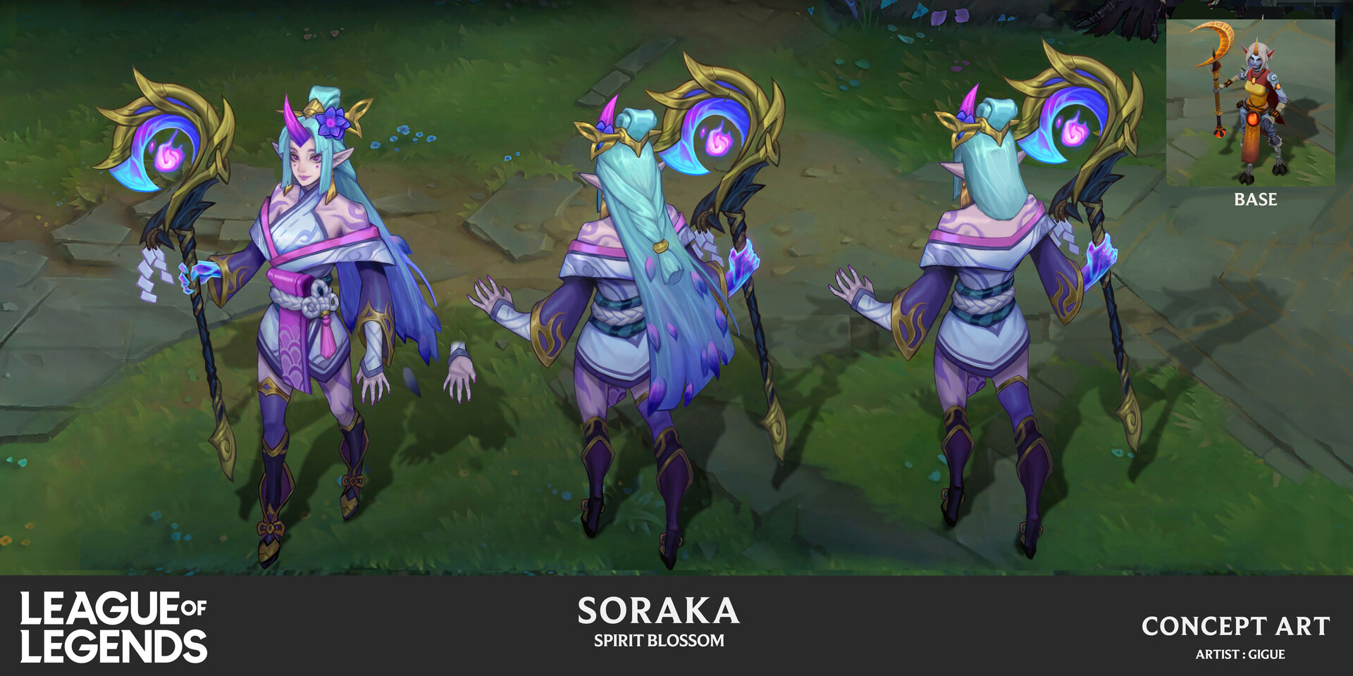 this image is a concept art piece for a league of legends skin called "spirit blossom soraka".  it shows a threequarter view and back view of the character, highlighting her design, outfit (a stylized kimonolike garment), and staff. the art style is reminiscent of anime or manga, featuring vibrant colors and detailed elements. a smaller image in the corner shows a simplified base model of the character. the overall aesthetic is fantasythemed, with magical elements integrated into both the character and her weaponry. the text "league of legends", "soraka spirit blossom", "concept art", and the artist's name "gigue" are prominently displayed.