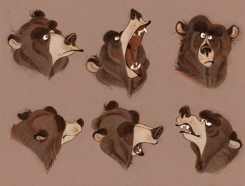 the image shows a collection of cartoon sketches of a bear's head displaying different expressions and poses. there are six different sketches in total, each with a distinct emotion such as anger, sadness, surprise, and yawning. the sketches appear to be drawn with a combination of pencils and possibly some digital tools, giving them a dynamic and lively feel. the bears are stylized with large eyes, expressive eyebrows, and exaggerated features that convey a range of emotions.