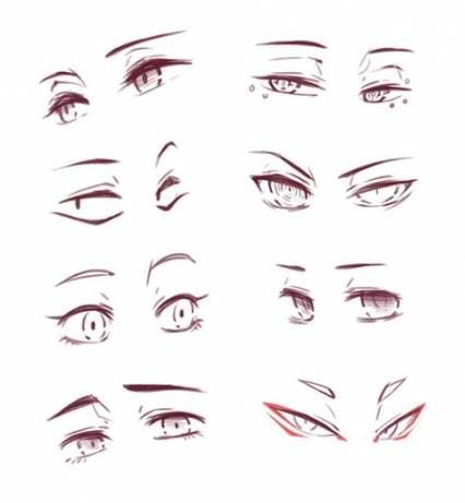 the image shows a collection of anime and manga style eye drawings. each eye is depicted with varying shapes, sizes, and expressions, showcasing different emotions and perspectives. the drawings are rendered in a simple black and white style, focusing on line work and shading to create depth and dimension.