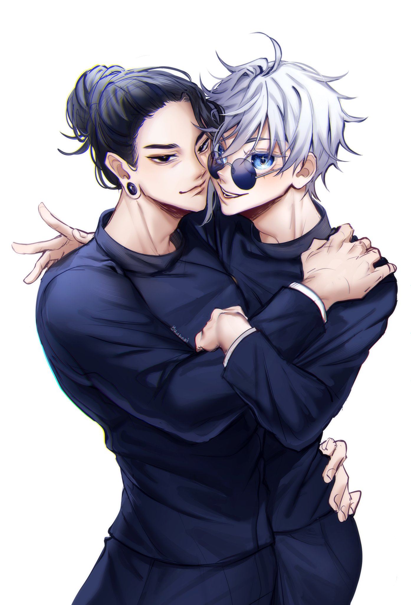 two anime boys are hugging each other. the boy on the left has black hair and is wearing a black outfit, while the boy on the right has white hair and is wearing a black outfit and sunglasses. they both look happy and are smiling.