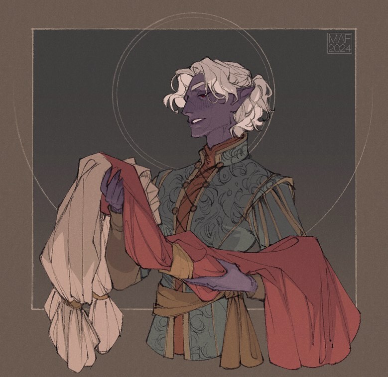 he image is a digital painting depicting a male high elf with purple skin and long white hair, styled in a halfupdo. he is dressed in elaborate teal and gold renaissancestyle clothing adorned with intricate patterns. his expression is calm and serene. he is carefully holding two pieces of fabric, one a light beige garment and the other a darker, reddishmaroon one. the background is a muted grayishbrown with a circular motif behind the elf, adding a sense of elegance and depth. the overall style of the art is soft and detailed, with a focus on the character's elegance and the richness of his attire. the artist's signature, "maf 2024," is subtly placed in the upper right corner. the artwork evokes a sense of fantasy and possibly depicts a character from a fictional story or game.
