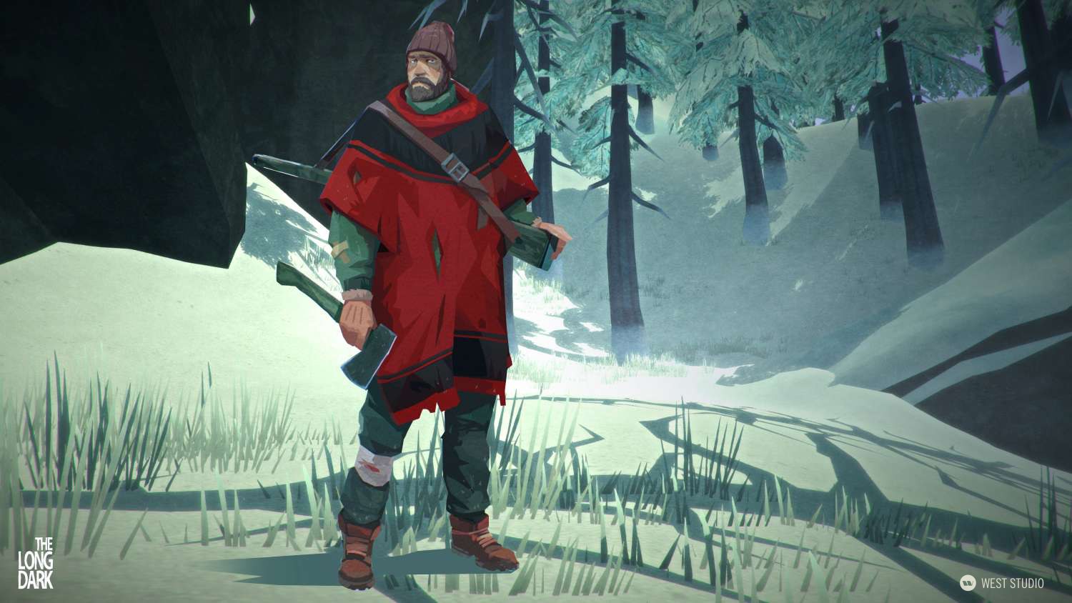 a lone man stands in a snowy forest, his figure silhouetted against the pale light filtering through the trees. he wears a thick red poncho and a determined expression.  he carries an axe on his shoulder, suggesting he is prepared for the harsh wilderness surrounding him. the game's logo, "the long dark", is subtly placed in the corner, hinting at the challenges he faces.