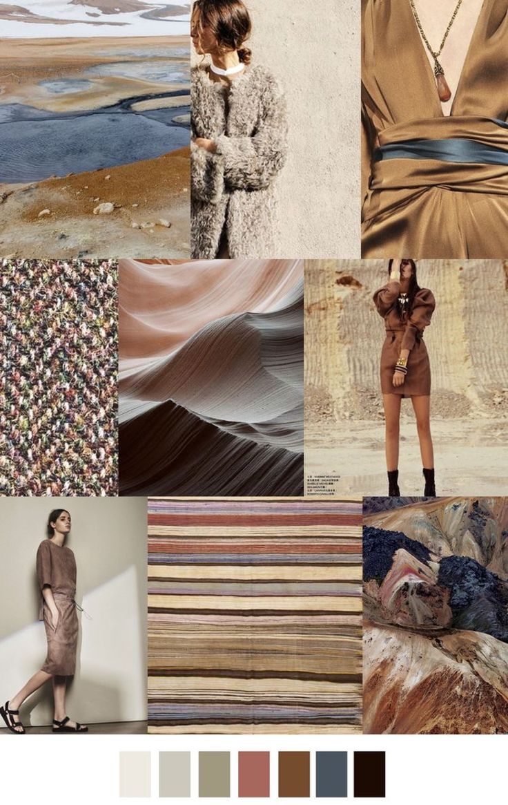 this is a fashion mood board, featuring women wearing a variety of clothing, including dresses, coats, sweaters, and skirts. the mood board also features a variety of textures, patterns, and colors, which are meant to inspire fashion designers. the color palette is earthy and includes colors like brown, beige, white, and gray. the textures include fabrics like tweed, wool, and leather. the patterns include stripes and checks. the mood board is divided into several squares, each featuring a different element.