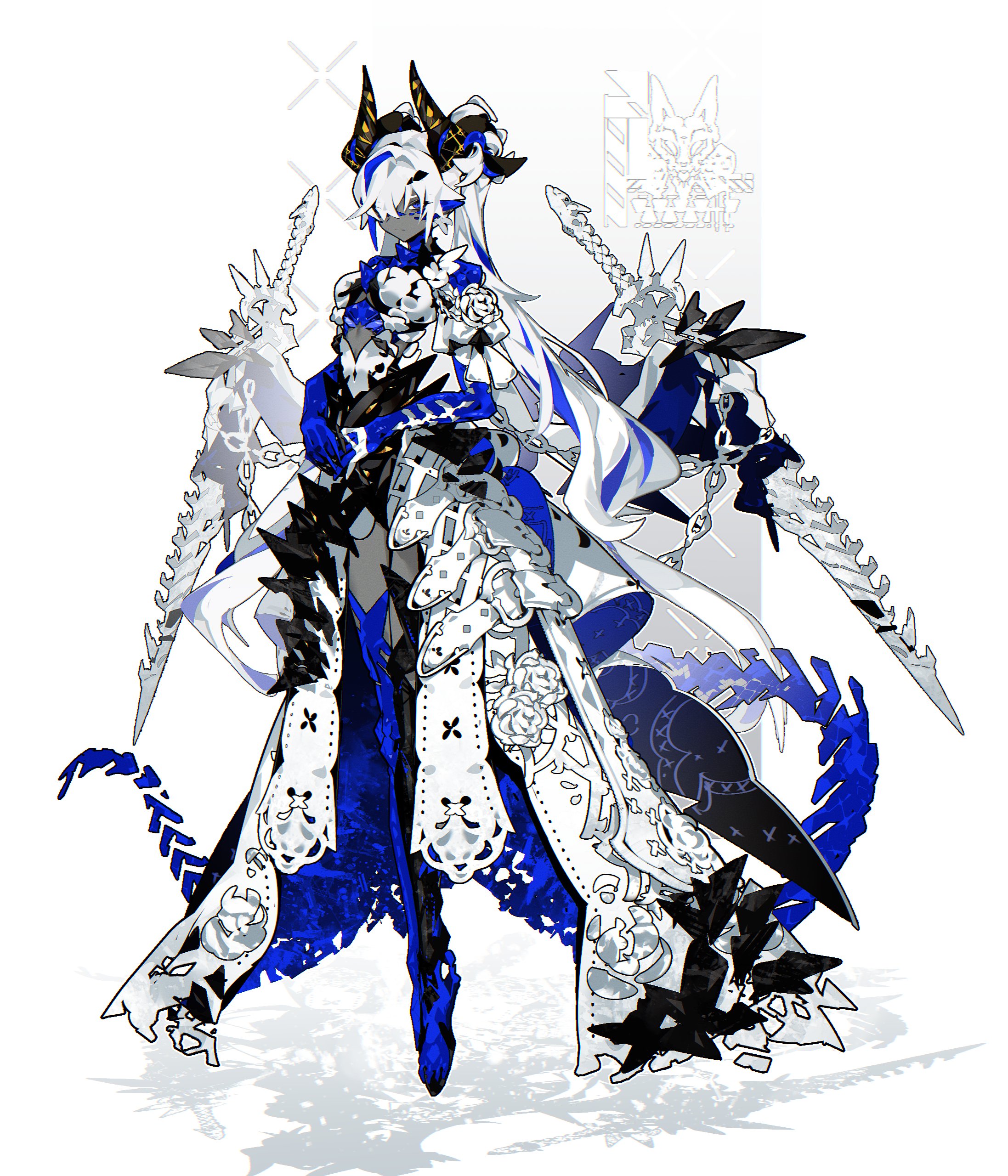 the image showcases a striking character design, likely for a fantasy game or story.  the female figure, possibly a demon warrior, stands in a confident pose. she has pale skin, white hair styled in two long tails, and sports large horns. her attire is a mix of ornate white armor with blue accents and flowing fabric, creating a visually captivating contrast.  she wields large, menacing swords with intricate designs. the overall aesthetic is a blend of dark fantasy and gothic elements.