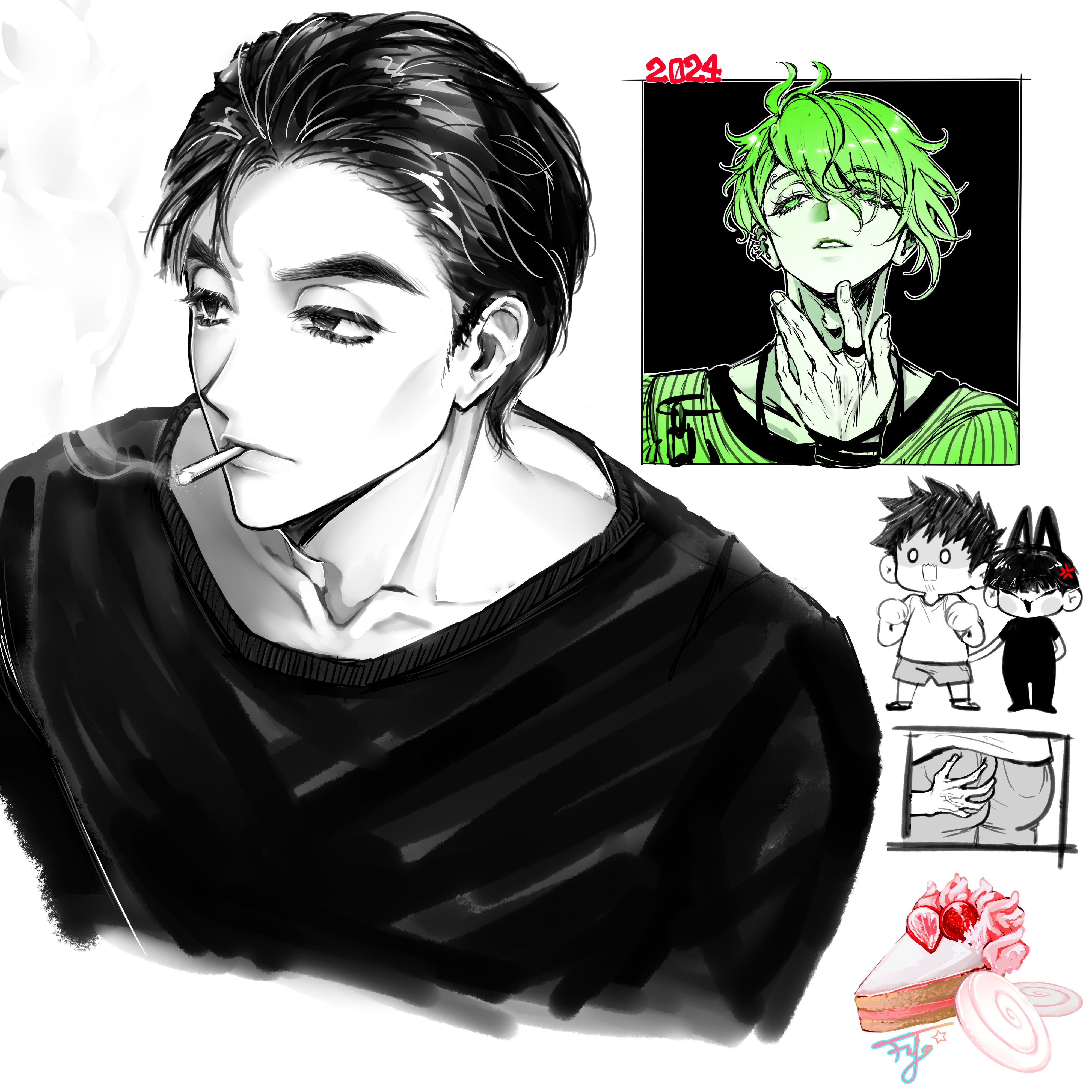 the image is a collection of digital sketches and illustrations. the largest drawing is a grayscale portrait of a man with dark hair, smoking a cigarette. he's depicted from the side, wearing a plain black shirt.  there's a smaller, vibrant lime greenhaired animestyle character in a separate box.  below that are smaller, cartoonish doodles of two boys, one seemingly surprised,  a hand spanking a bottom, and a slice of strawberry cake. the year "2024" is written near the greenhaired character. the style is a mix of realistic and stylized elements, with varying levels of detail and shading.  the overall aesthetic is edgy and somewhat moody.