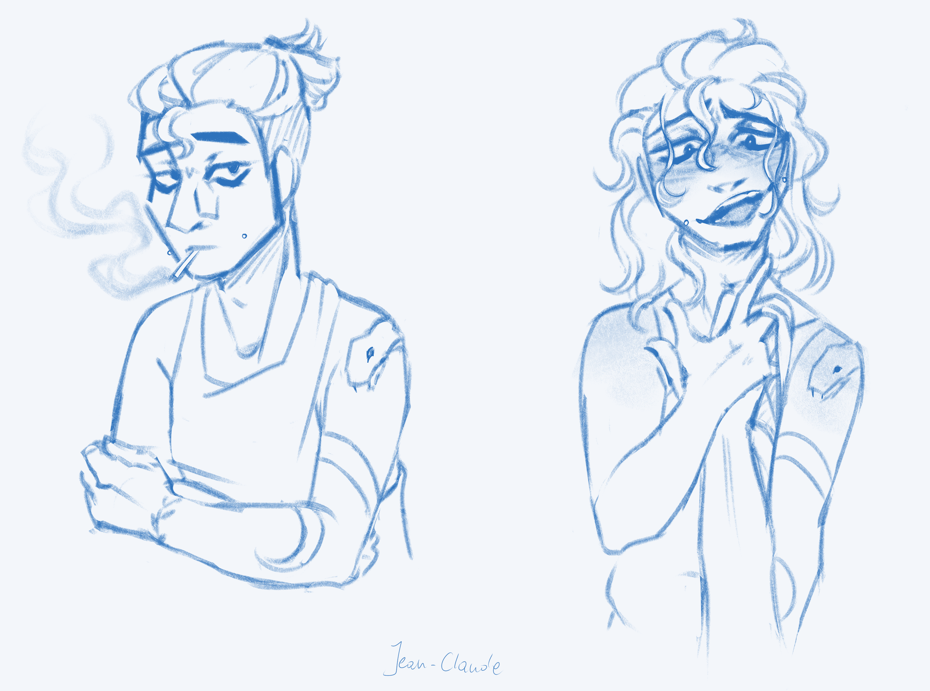 a blue sketch of two original characters. one is smoking and looking annoyed, the other is blushing.