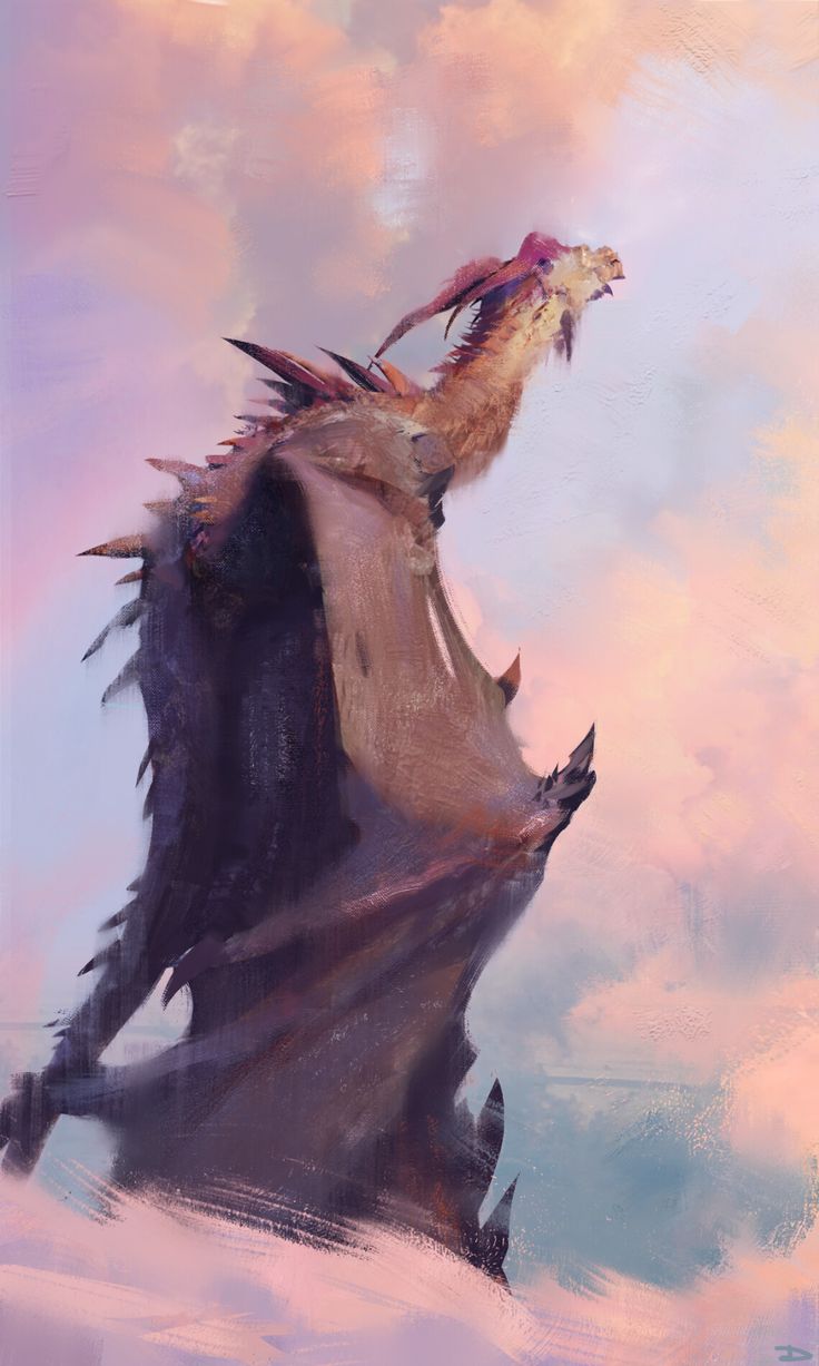 a digital painting depicts a large, majestic dragon in flight against a backdrop of soft, pastelcolored clouds. the dragon has a long, slender neck and a head that is pointed upward, as if roaring or breathing fire. its wings are expansive and textured, with sharp edges and a dark, muted color palette, contrasting with its lighter, goldenbrown neck and head. spikes run down its back, adding to its formidable appearance. the sky is rendered in gentle shades of pink, lavender, and blue, creating a serene yet powerful atmosphere. the artwork has a painterly style with visible brushstrokes, giving it a dynamic and ethereal quality.