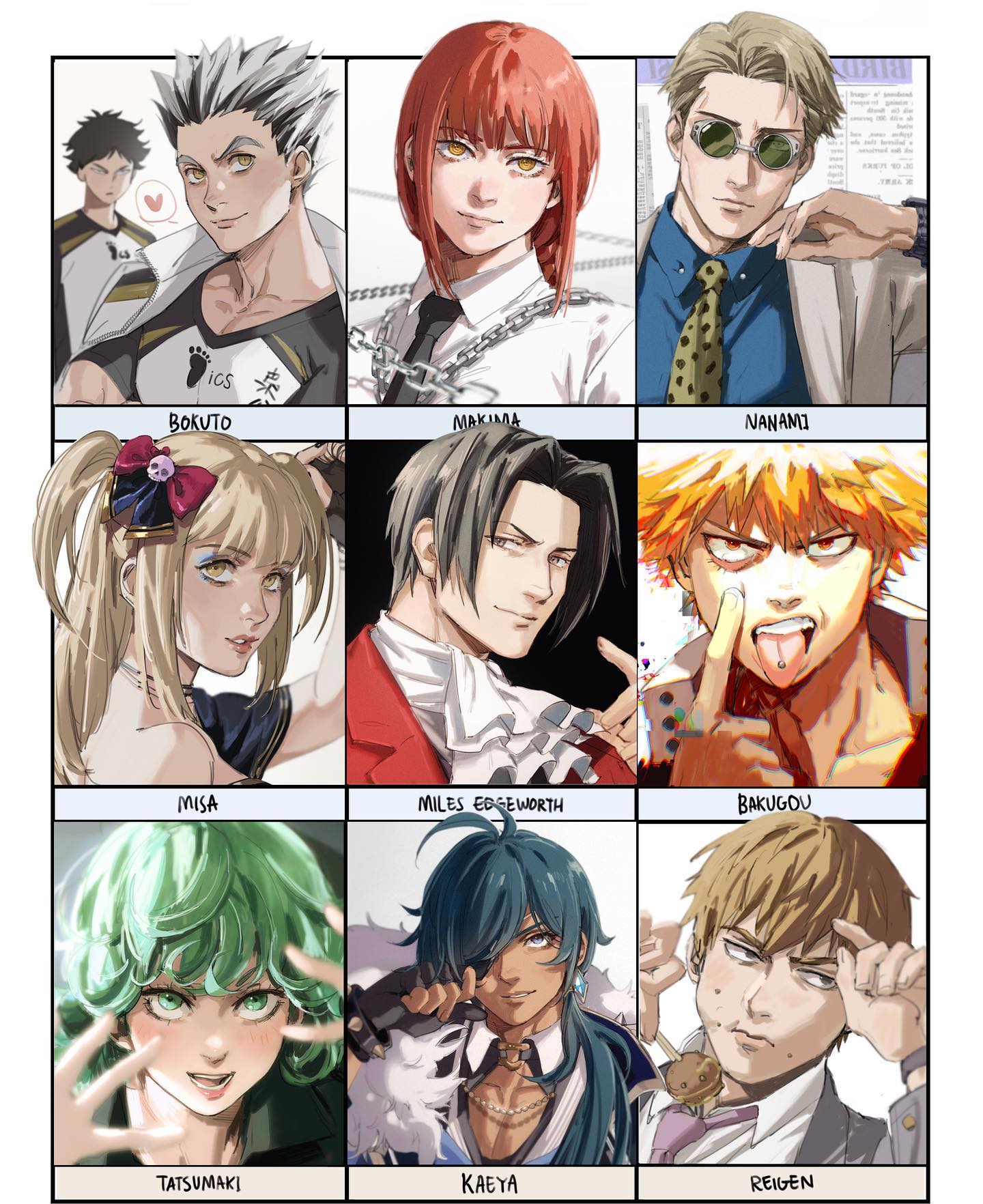 the image is a digital art collage featuring nine different anime and manga characters arranged in a 3x3 grid. each character portrait is distinctly styled, reflecting their source material.  the characters are individually labeled below their portraits. the overall style blends various artistic interpretations of popular characters across different series, presented in a visually appealing and consistent way.