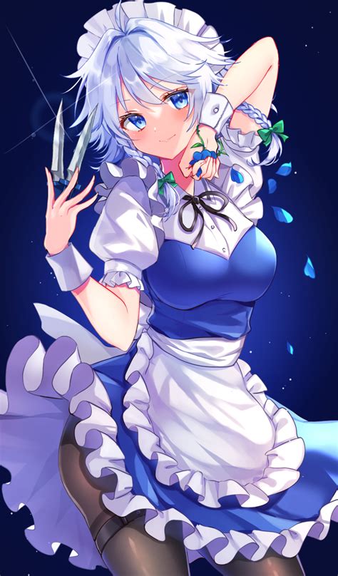 the image is a digital drawing of an animestyle girl. she has long, white hair styled in twin braids and bright blue eyes.  she's wearing a blue and white maid outfit with a frilly apron and a white headpiece. the girl is holding two knives in one hand, and a small blue flower adorns her other wrist. she has a slightly mischievous expression. the background is a dark blue with sparkling particles. the overall style is kawaii and reminiscent of japanese animation and manga.