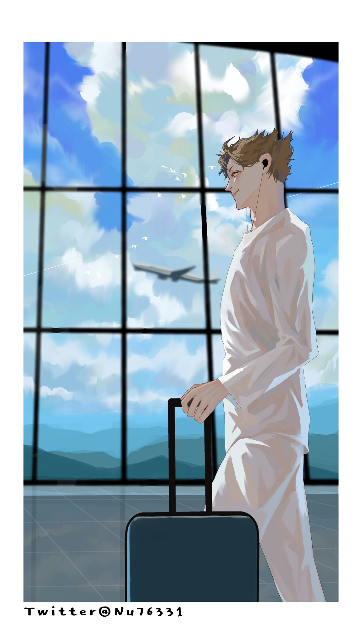 a man wearing a white shirt and pants stands next to a window in an airport terminal,  holding a suitcase. he is looking out the window at an airplane flying in the blue sky, as he prepares to board his flight.