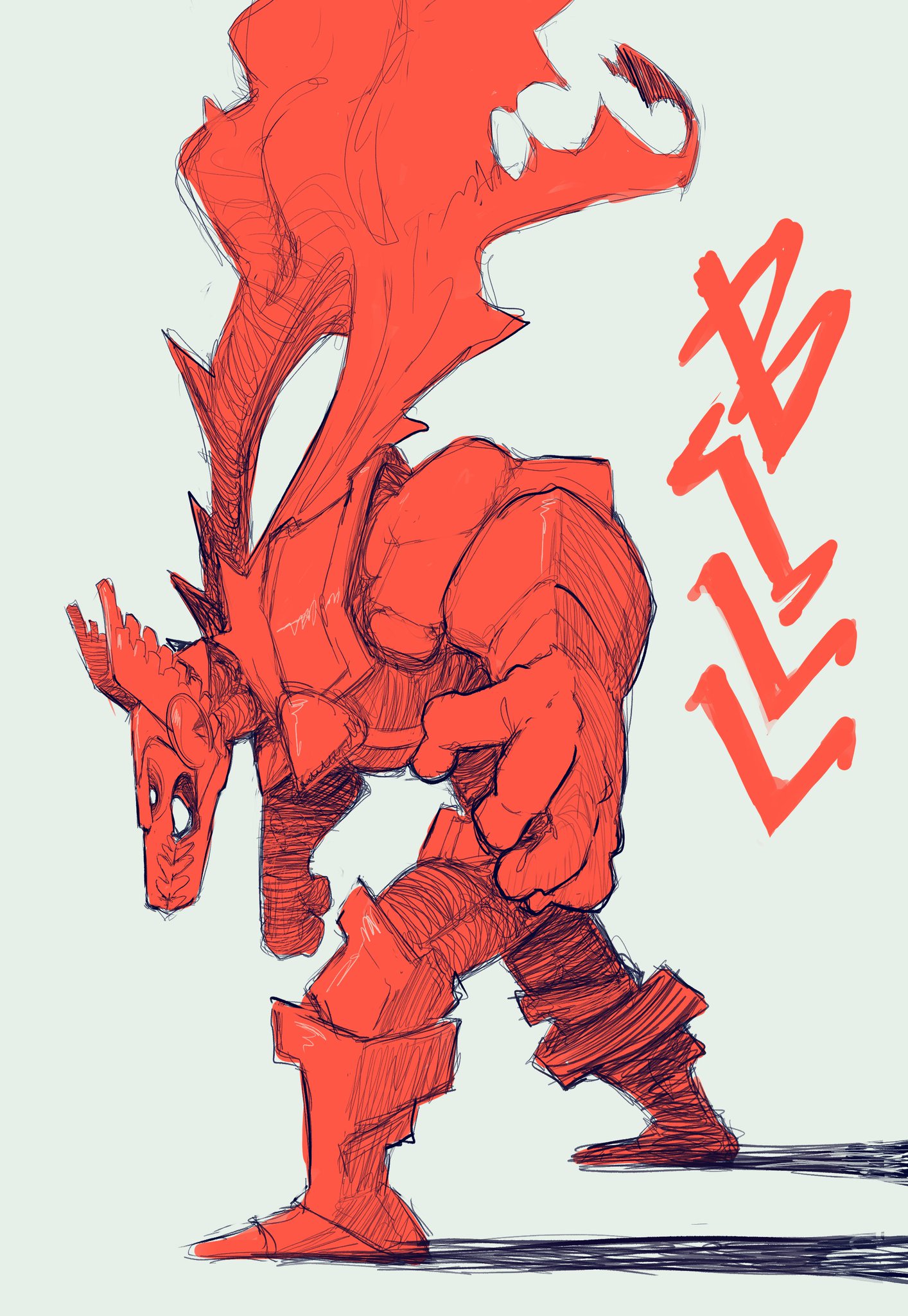 a stylized sketch of a large, horned creature, drawn primarily in shades of red. it appears to be wearing armor and is hunched over slightly, with a fierce expression.  the drawing style is loose and energetic, with visible brushstrokes.