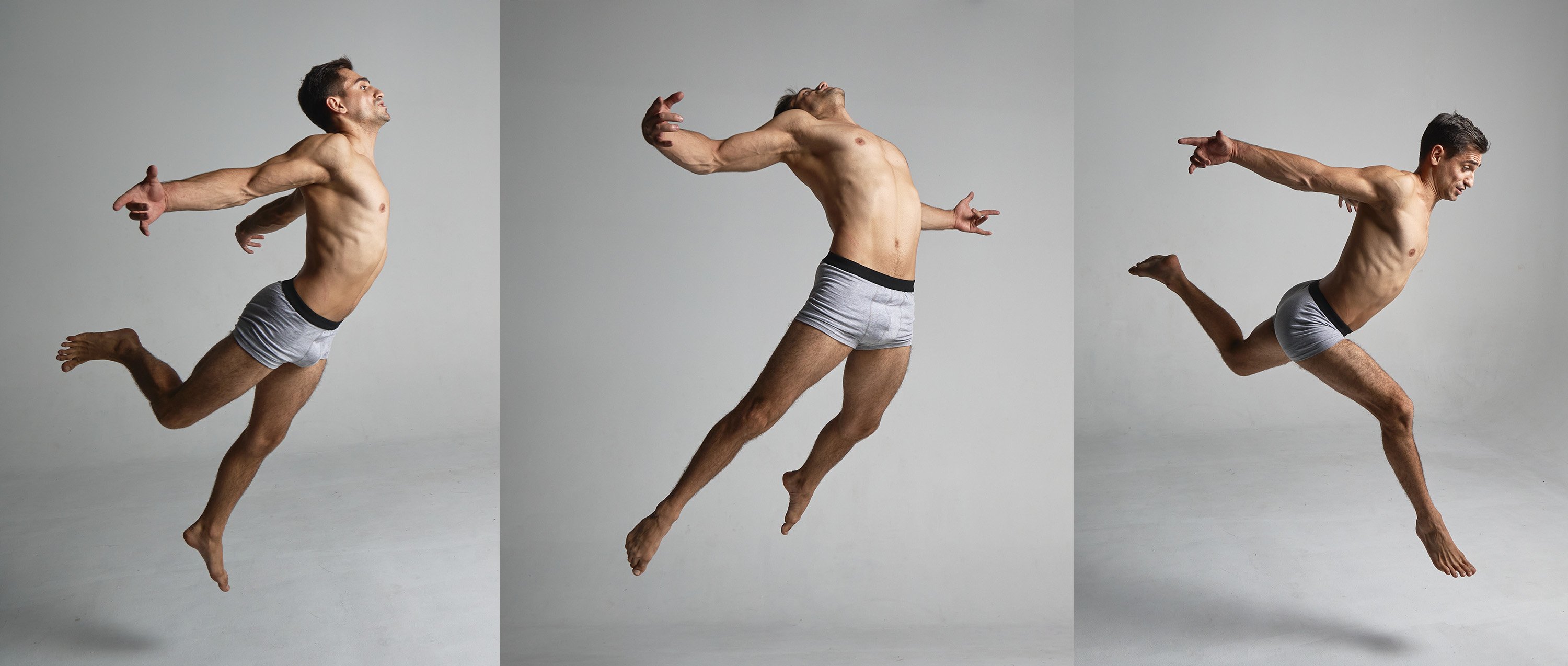 a muscular man, with a toned and athletic physique, is captured midair in a series of jumping poses. he's wearing only grey underwear, showcasing his defined muscles and a lean, athletic build. the photographs are taken in a studio setting against a plain, white background, highlighting the man's body and movements.  each photo showcases a slightly different dynamic jumping pose. this type of imagery could be used for fitness, modeling, or advertising purposes.  the lighting is soft and even, creating a clean and professional look.