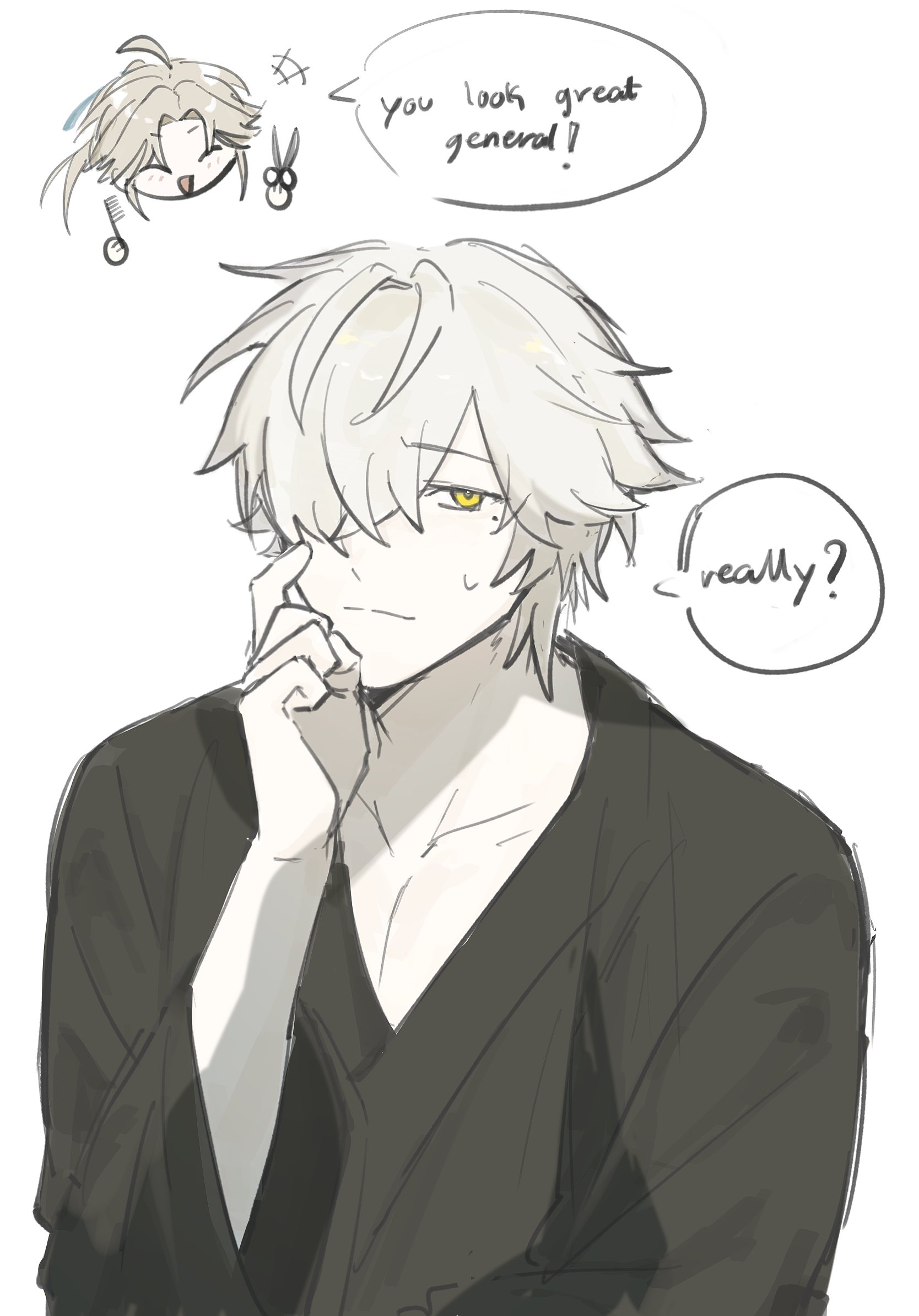 the image is of a young male anime character with white hair and yellow eyes.  he is blushing and smiling as he thinks about the thought bubble above his head that says, "you look great general!"  he is wearing a black kimono and has scissors in his thought bubble.  the image is drawn in a rough, sketchy style.