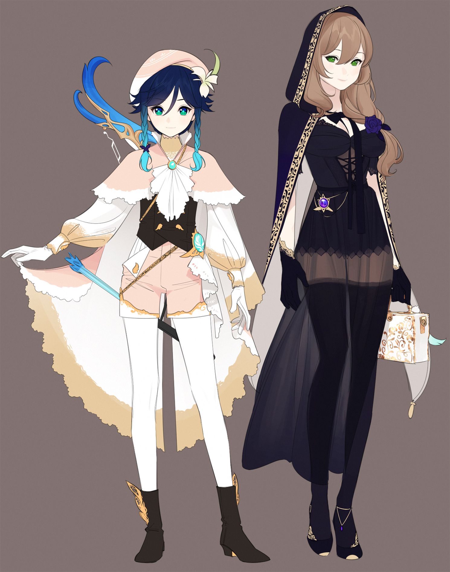 there are two female anime characters in fashionable attire. the character on the left has teal hair and is wearing an elaborate white, pink, and gold outfit with a cape. she is also wearing a newsboy cap and brown boots. she is holding a blue and gold bow in her left hand. the character on the right has brown hair and is wearing a long black dress with gold trim and a hood. she is also wearing black thigh highs and heels. she is carrying a brown and gold book in her right hand. both characters are standing against a solid gray background.