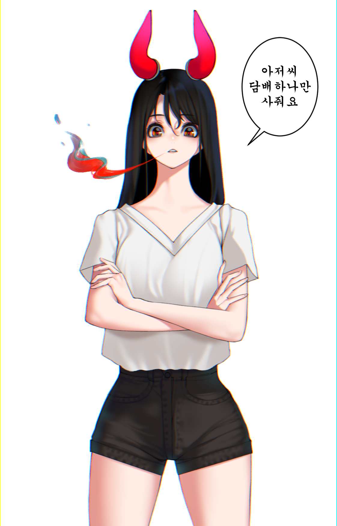 the image showcases a digital illustration of a young anime girl. she is drawn in a standing pose with her arms crossed, a look of mild surprise or frustration on her face. she has long black hair, large brown eyes, and is wearing a simple white tshirt and black denim shorts.  adding to her unique appearance, she sports a pair of bright red devil horns. there is a speech bubble originating from her, containing korean text which translates to "why is it always me?" or "why do i have to do this?".