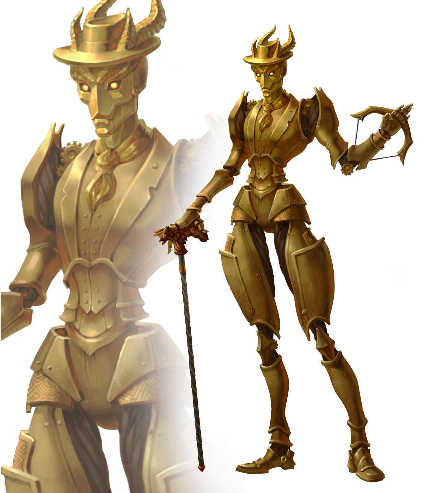 the image showcases a detailed illustration of a steampunkstyle automaton.  the robot is humanoid in form, appearing dapper in a goldcolored suit and top hat, complete with a cane and what appears to be a small crossbow. it has small horns protruding from under the hat.  the artwork displays intricate mechanical details, highlighting the robot's gears and joints. the color palette is primarily gold and brass, giving it a luxurious, almost antique feel. a partial, larger image of the robot's upper body is overlaid, allowing for a closer examination of the detailed craftsmanship.  the overall style suggests fantasy or science fiction art.