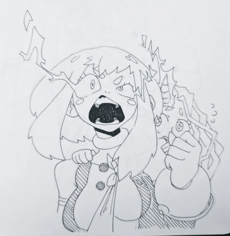 this is a black and white sketch of an anime girl. the girl has long, wavy hair and a surprised expression. she is wearing a collared shirt. her left arm is extended out to the right of the image.