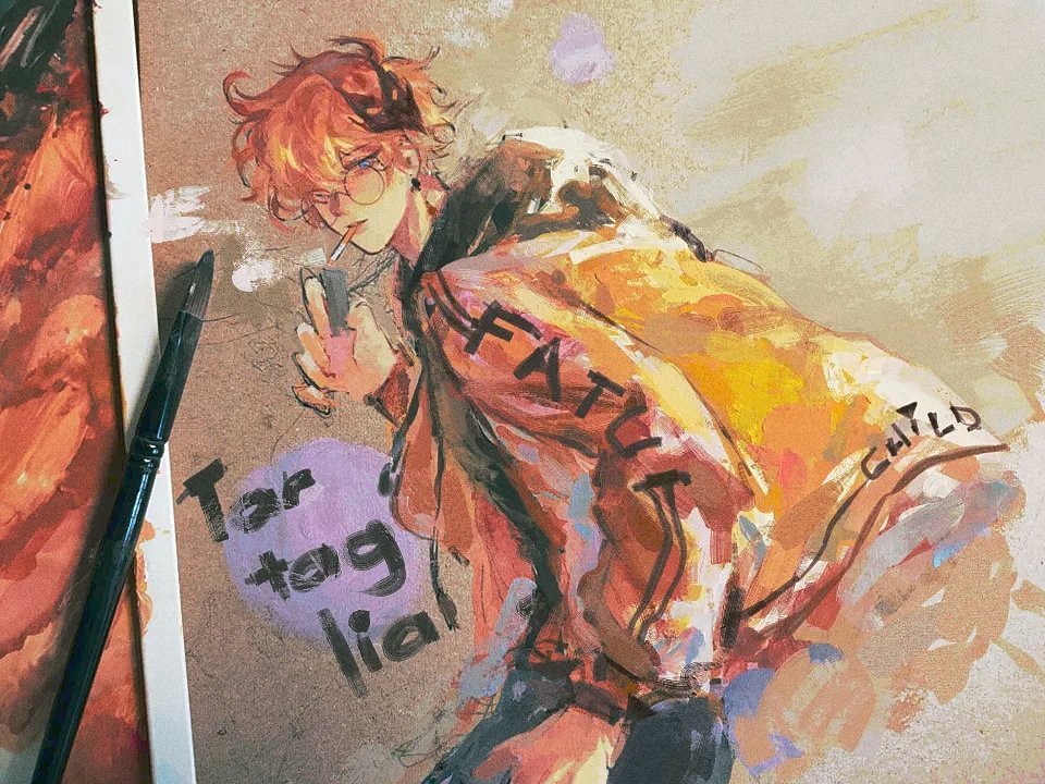 this is an anime painting of a man wearing glasses and smoking a cigarette. he's wearing an orange jacket with "fatui" written on the back. the name "tartaglia" and "childe" are also written on the painting. a brush is also placed on the side of the artwork.